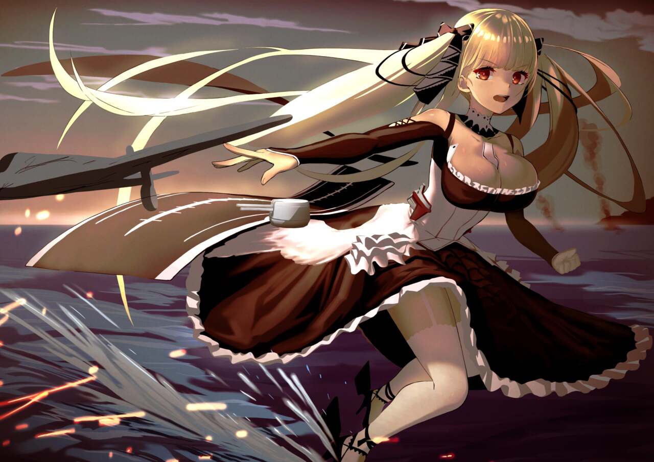 このイラストは、空母のフォーミダブルが他の戦艦の護衛について、敵と戦闘を繰り広げているシーンを描いています。日が沈み夜になる時間帯で、日が落ちる前に敵をしとめたいという、キャラクターの焦りや緊迫した状況などを表現象としています。キャラクターのカッコいい瞬間を切り取りたく、このシーンを選びました。