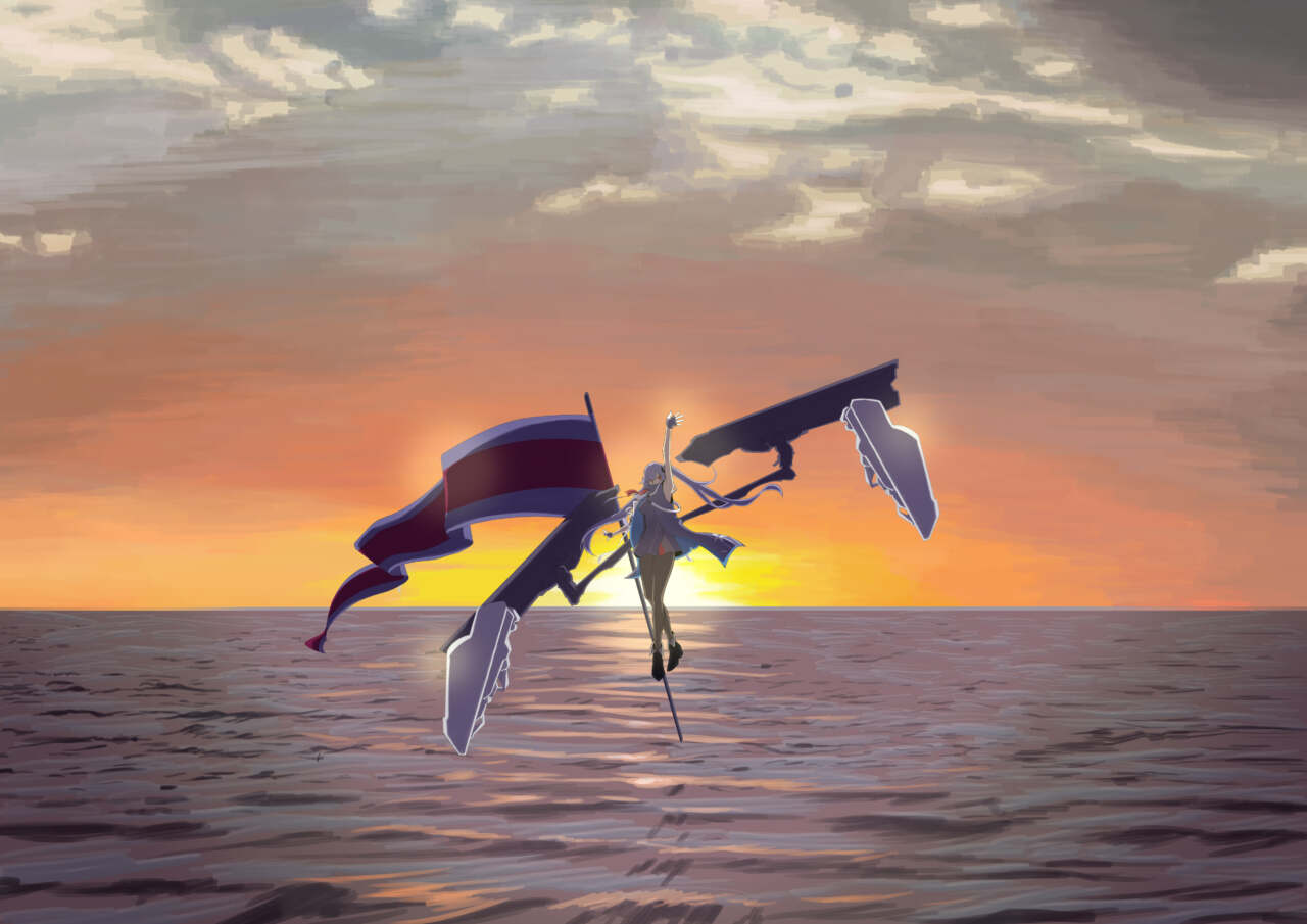 夕暮れの海の上、美しく輝く女の子。 という感じのモチーフ。 戦い終わり、海上で踊っている風景。 普段はかっこいい彼女たちを、美しく描きたいなと思い、 このようなイラストにした。  シルエットがかっこいいキャラクターを描きたかったので、 機体が特徴的なエセックスを選んだ。  いつもは戦場になっている、荒れたり波が高いであろう海が、 静かで光の反射が美しく輝いている風景も表現した。  キャラクター全員可愛かったので、 どの子を描こうかすごく迷った。
