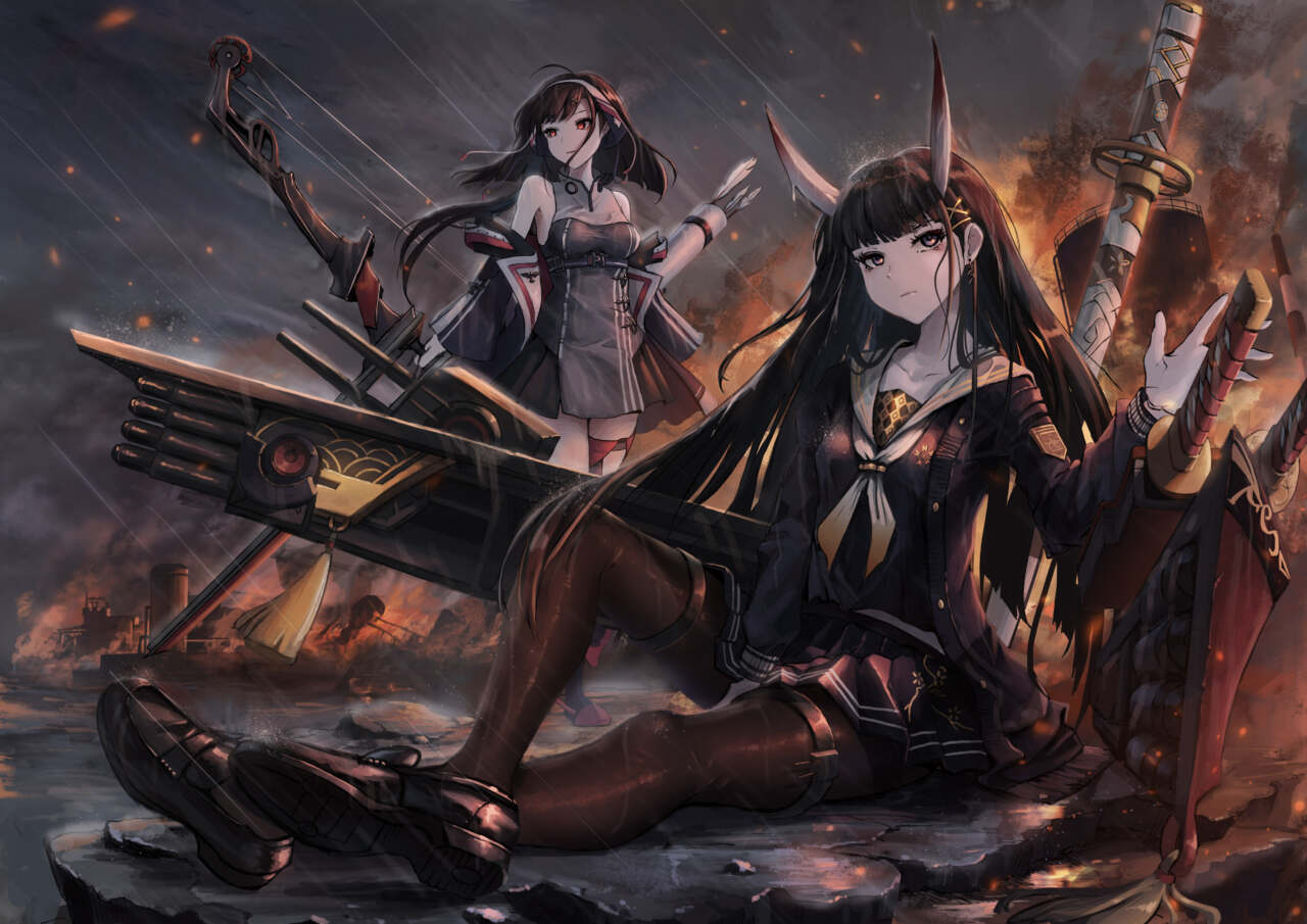 戦いを終えた能代とインディペンデンスを描きました。この二人は公式イラストを同じイラストレーターさん「ATDANさん」が描いていて、 それぞれにチャームポイントがあり素敵だなと思い選びました。 2人のチャームポイントが能代は「脚」、インディペンデンスは胸だったのでそれぞれのキャラの良さが出るようにキャラを配置しました。 全体の雰囲気は戦いの後の戦火と雨でエモい雰囲気を演出しました。ローファーやストッキングなどあまり描かない材質のものだったので 質感の描きわけが難しかったですが、楽しかったです。