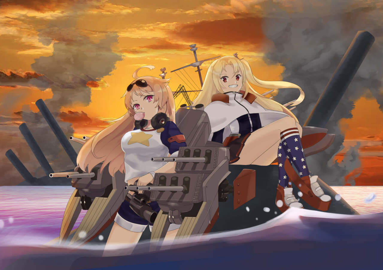 二人の姉妹艦、クリーブランドとコロンビアが敵を倒した後、少し休憩している姿を描きました。 この二人は、本当は四姉妹なのですが、その中でも特に二人が仲が良さそうなので、この二人で描きました。 背景などに煙や、倒した戦艦の一部を置くことによって戦闘の後であることを表現しています。 時間を夕方にした理由は、今回の指定にありました「ドラマティック」と「かっこいい」という言葉からすぐに夕日をバックにしたイラストが連想できたからです。