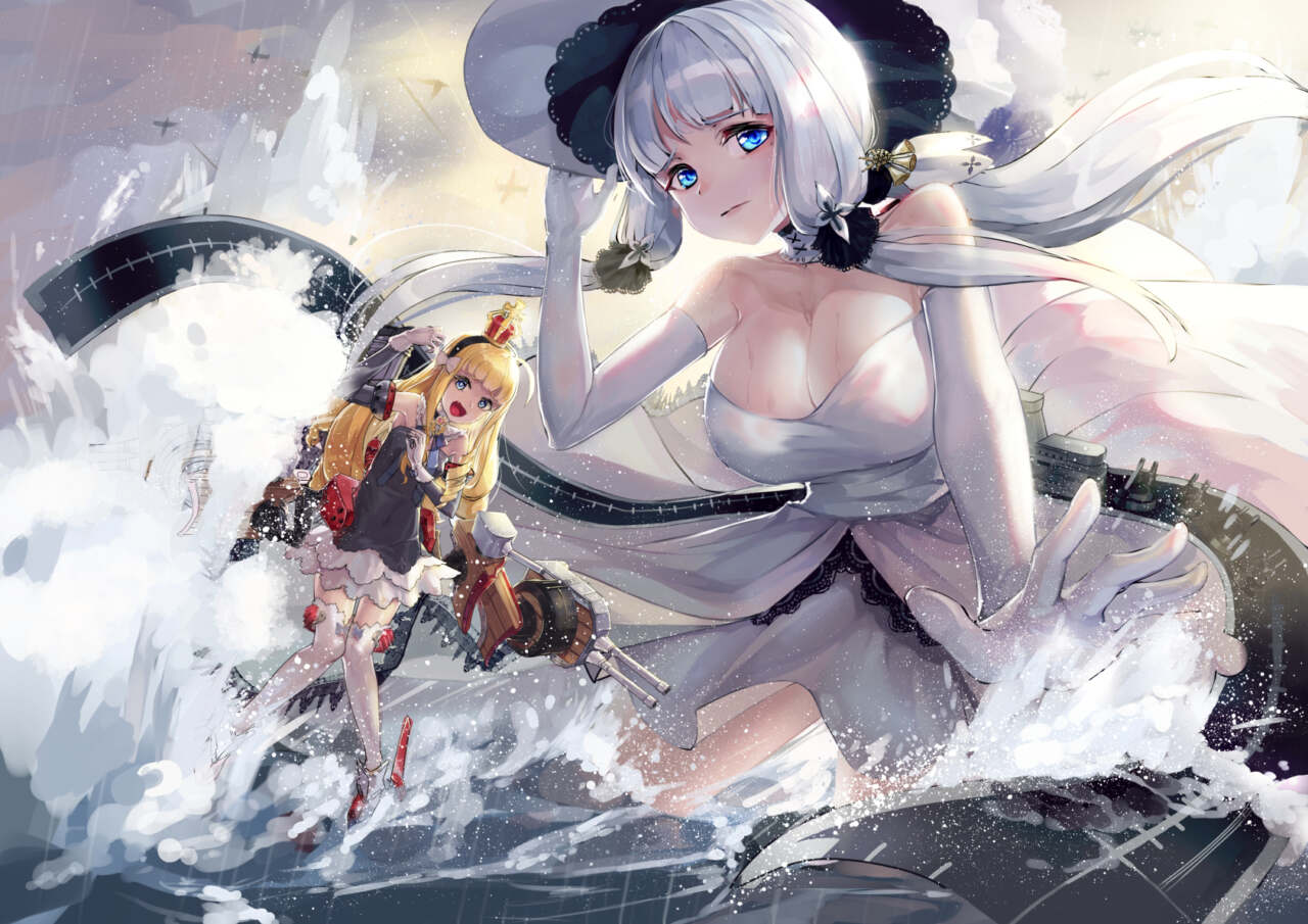 クイーンを守れ]  [クイーンエリザベス]と[イラストリアス]二人が航海中に敵に襲われる。 「イラストリアス」は攻撃から「クイーン」を守ろうとする。  絵を描く時、船の大きさ設定を放映して描いてはどうかと思い「イラストリアス」を大きく描きました。 敵に攻撃されている状況ですが、艦隊には戦争が日常だと思い、あまり慌てない様子で描きました。