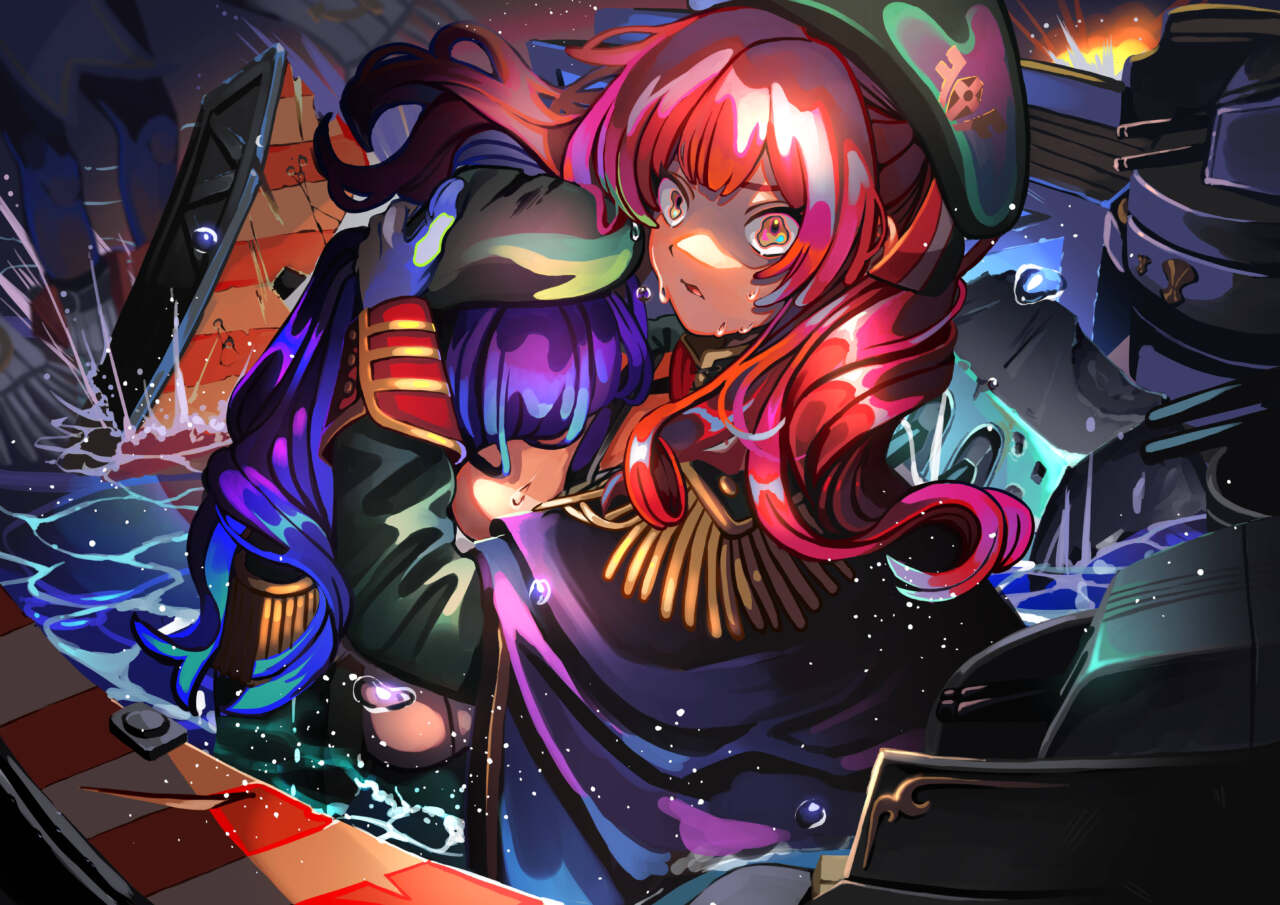 ザラ/ポーラ/ウォースパイト  ザラの自己紹介の「運命の夜」をイメージして制作しました。 大破した姉妹艦ポーラの援護し、集中射撃を受ける一歩手前をヴァリアント目線で描きました。 緊迫した空気、恐怖を帯びた表情の表現を中心に力を入れています。