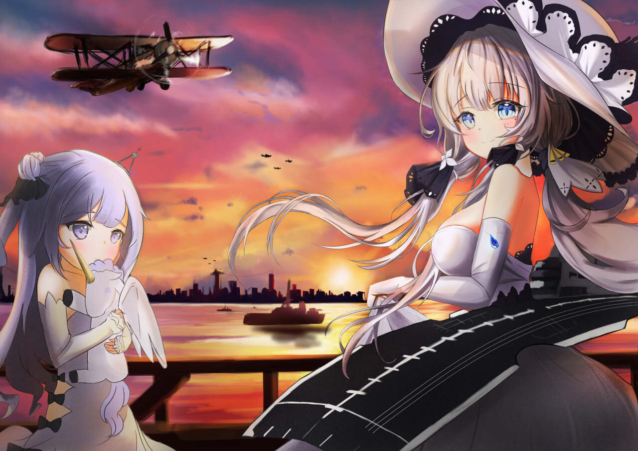 キャラクターはイラストリアスとユニコーンを使い描きました。 戦争が始まる前に装備を整って休み。死ぬかもしれない戦場で生きる残るかな。 また、綺麗な夕方を見れるのか。こういう設定を考え、イラストリアスの表情に切なさ悲しみさをユニコーンの表情には不安な顔、悲しみを表現しました。また、全体的に雰囲気を出すために背景の方を夕方で描きました。空や海では戦闘機や戦艦を加えました。