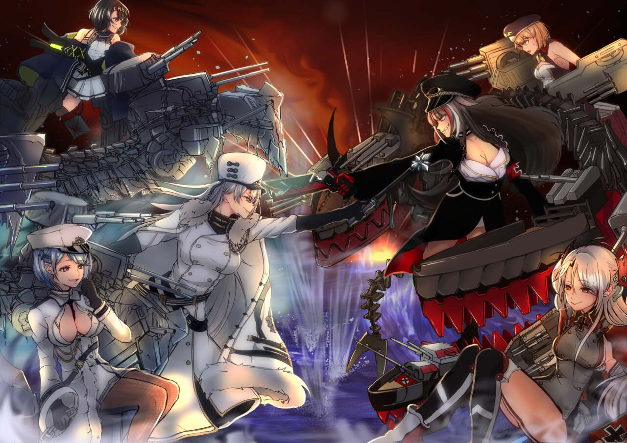 アズールレーン 設定 アズールレーンの世界観を活かした一枚絵を作成しました。 アズールレーンのゲームのような熱い戦いをイメージして描いた作品です。 我が軍の勝利のために奮闘する彼女らを一枚絵に起こしたものであり 密度が高く、緊張感のある構図や色遣いに気を付けて描いたり、絵柄を作品に近いものにしたりと表現が難しかったですが、自分なりの世界観に落とし込むことができました。 軍への勝利のため戦う姿や、夕焼けの色などテーマであるロマンチックにふさわしい場面を設定し作成しました。 それぞれの軍の色味や対比などを使い世界観を表現しました。 キャラクターの性格やしぐさにもこだわり、一人ひとりの個性を活かした表情やポーズとなっております。