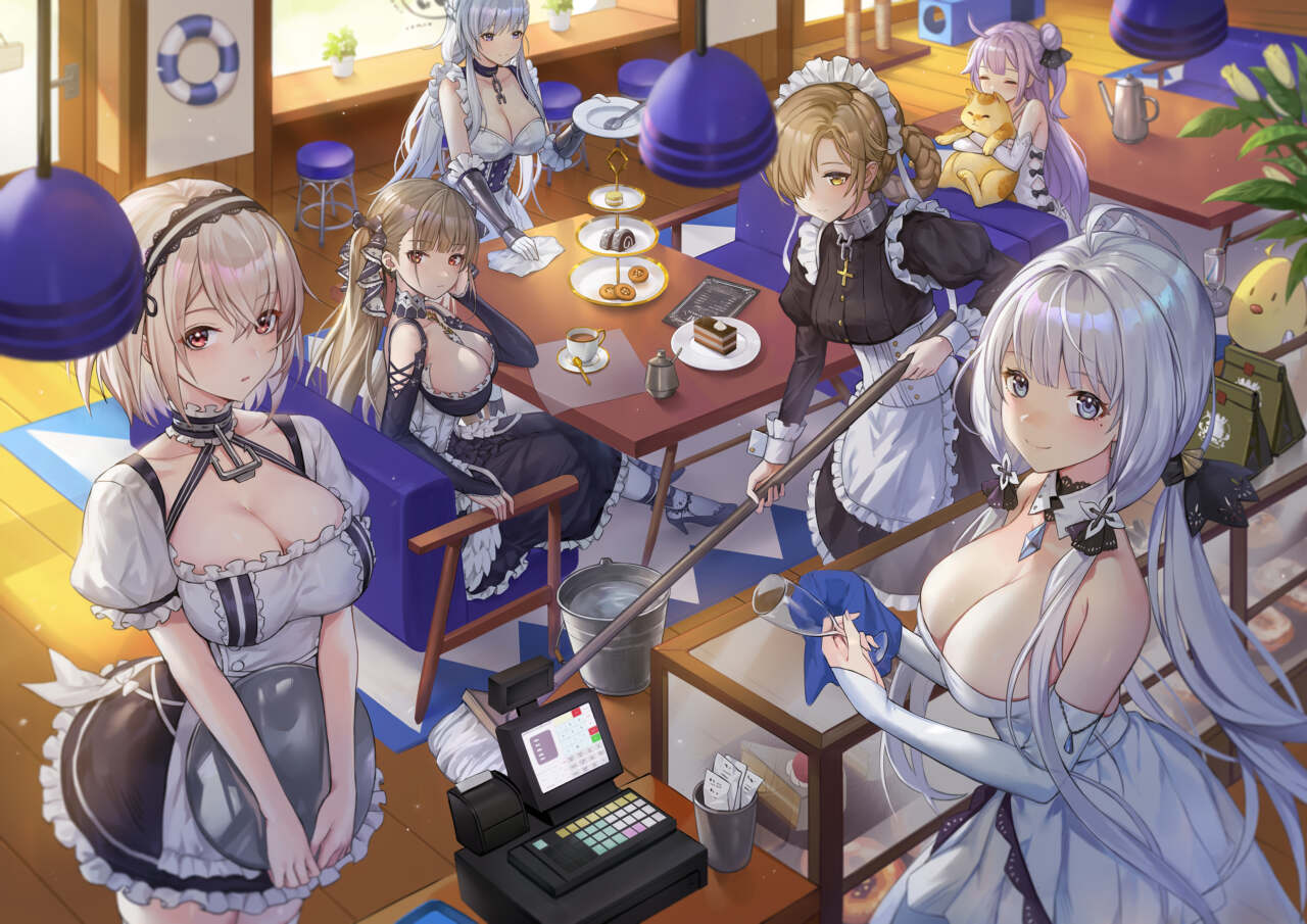 ロイヤル陣営のキャラたちを選びました。 理由は、ロイヤル陣営には多くのメイド艦があったからです。午後の喫茶店で、みんな掃除をしているシーンを描きました。温かみのあるシーンを見せたいという思いので、午後の光を選んで、オレンジや黄色の色合いにしました。